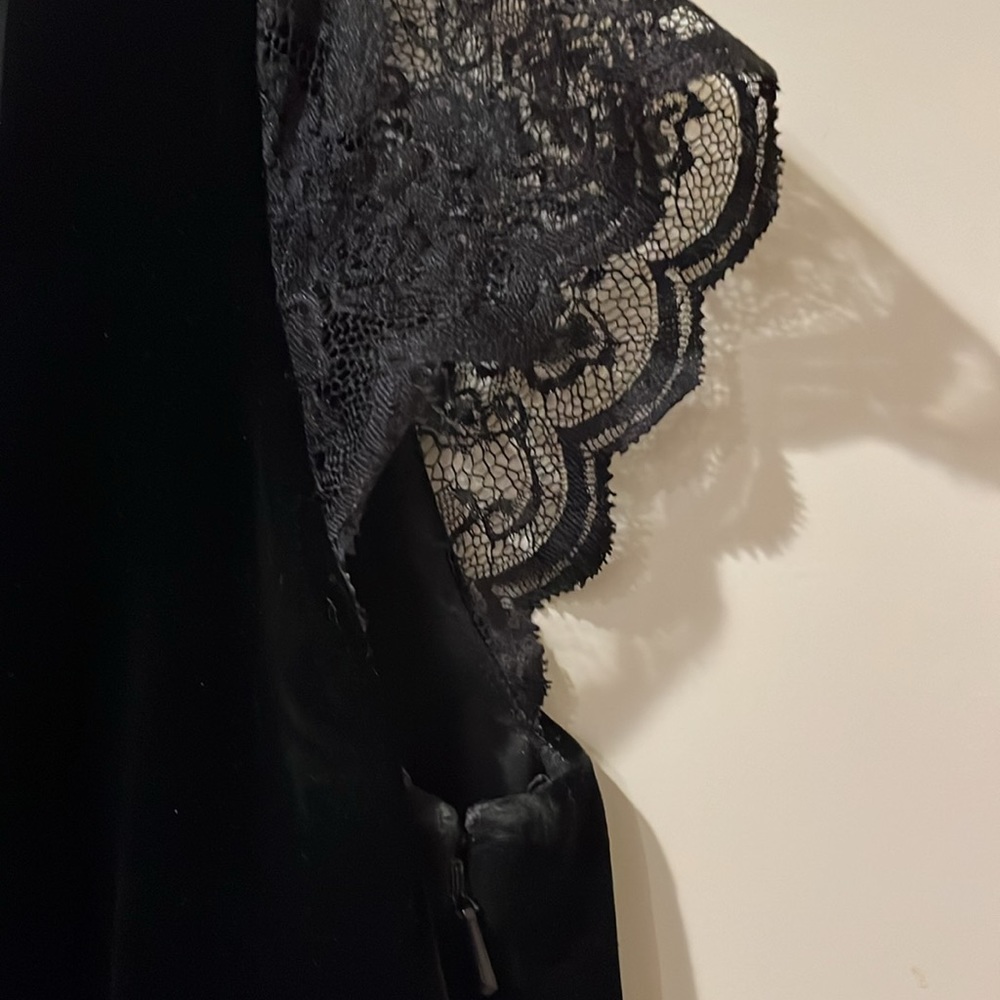 Ann Taylor Loft black velvet top with lace cap sleeves and bodice trim. - Picture 4 of 8
